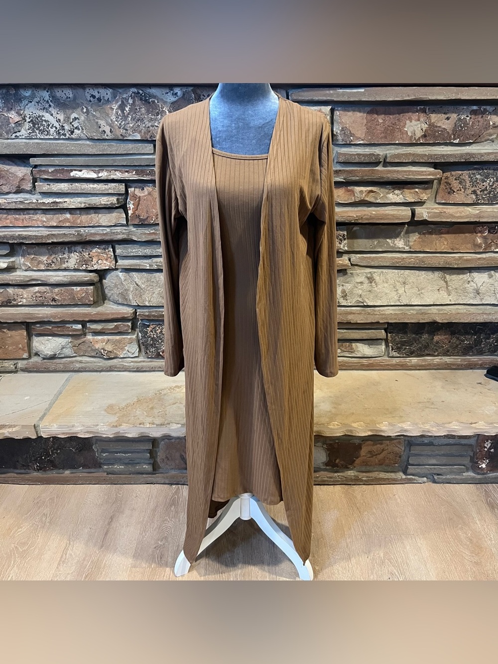 Capella Brown Ribbed Two-Piece Spaghetti Strap Dress and Duster Set